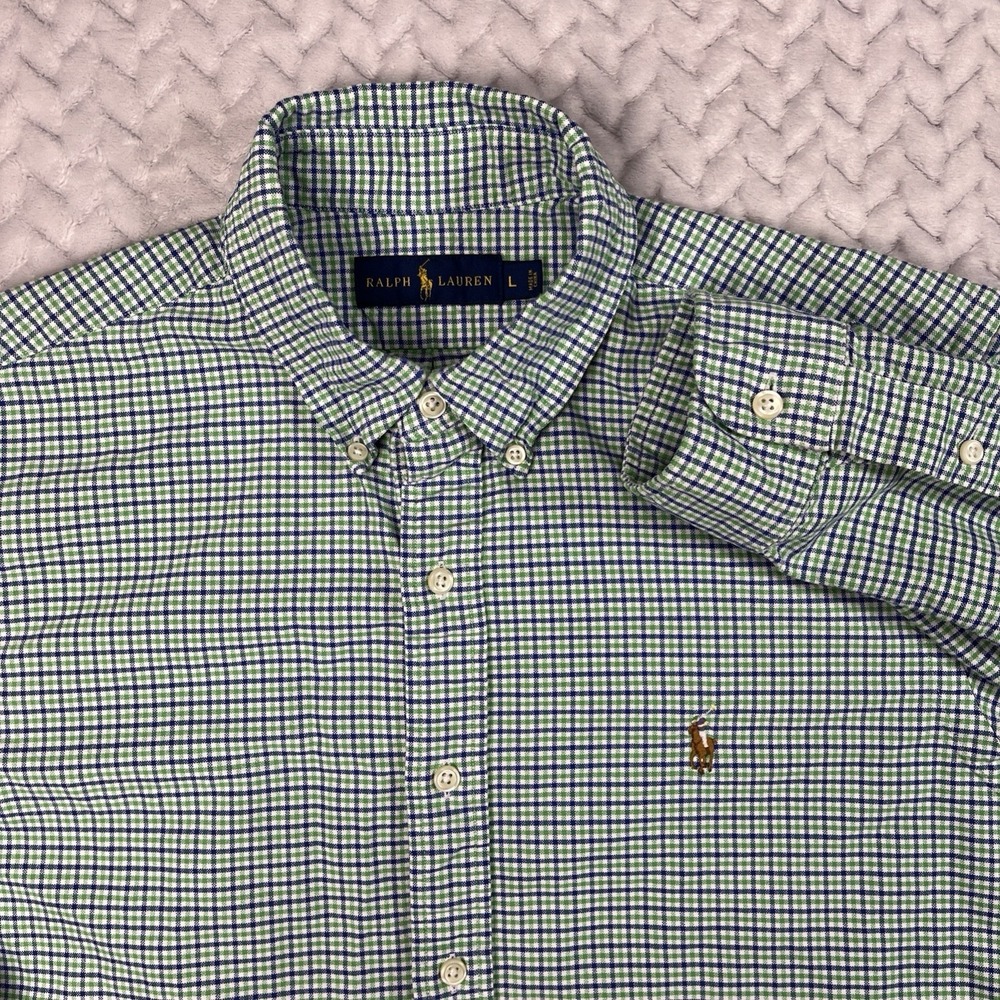 Ralph Lauren Shirt Mens L Blue Green Tattersall Check Classic Button‎ Flesh Pony